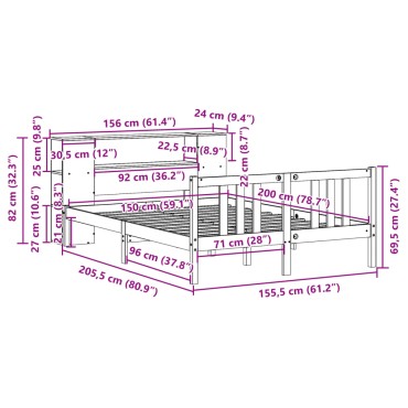 vidaXL Κρεβάτι Βιβλιοθήκη Χωρίς Στρώμα 150x200 εκ Μασίφ Ξύλο Πεύκου