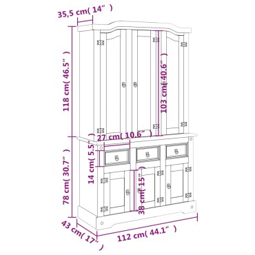 vidaXL Βιτρίνα Corona Καφέ 112x43x196cm Μασίφ Ξύλο Μεξικάνικου Πεύκου 1 τεμ.