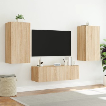 vidaXL Ντουλάπια Τηλεόρασης Τοίχου 3 τεμ. με Φώτα LED Sonoma Δρυς