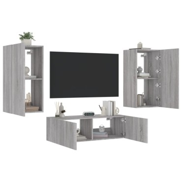 vidaXL Ντουλάπια Τηλεόρασης Τοίχου 3 τεμ. με Φώτα LED Γκρι Sonoma
