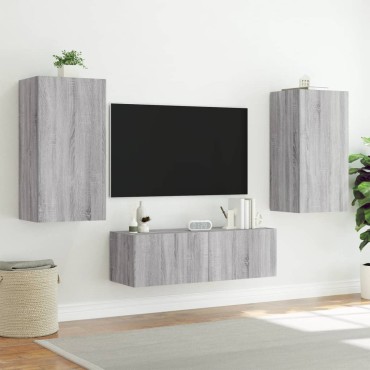vidaXL Ντουλάπια Τηλεόρασης Τοίχου 3 τεμ. με Φώτα LED Γκρι Sonoma