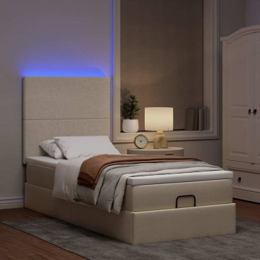 vidaXL Οθωμανικό κρεβάτι με στρώμα & LEDs Cream 100x200 cm Ύφασμα