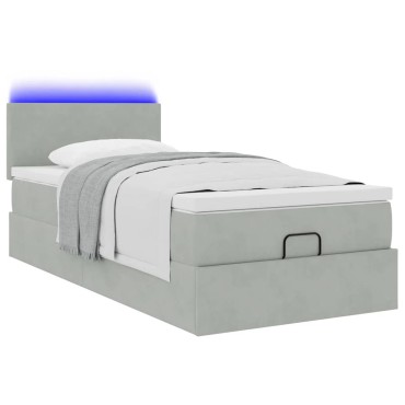 vidaXL Οθωμανικό κρεβάτι με στρώμα&LEDs Ανοιχτό γκρι 90x200cm Βελούδο