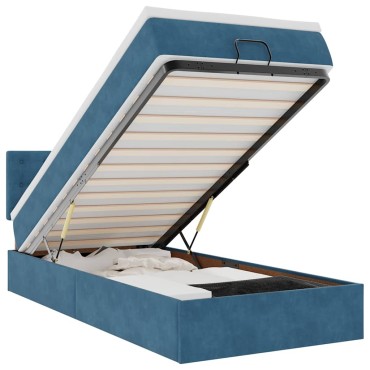 vidaXL Οθωμανικό κρεβάτι με στρώμα&LEDs Σκούρο μπλε 100x200cm Βελούδο
