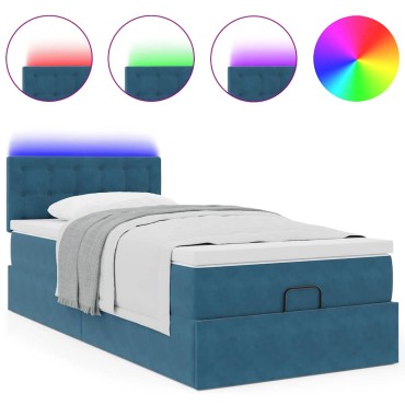 vidaXL Οθωμανικό κρεβάτι με στρώμα&LEDs Σκούρο μπλε 100x200cm Βελούδο