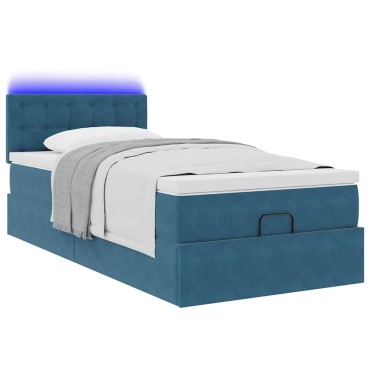vidaXL Οθωμανικό κρεβάτι με στρώμα&LEDs Σκούρο μπλε 100x200cm Βελούδο