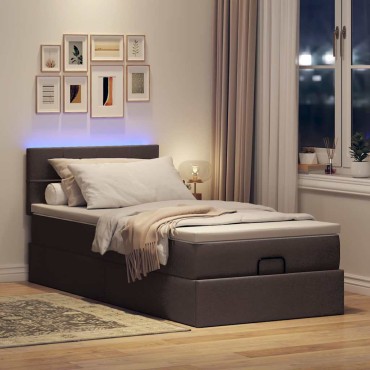 vidaXL Οθωμανικό κρεβάτι με στρώμα & LEDs Σκούρο καφέ 80x200cm ύφασμα - Μονό