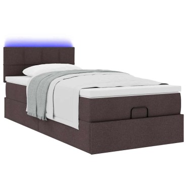 vidaXL Οθωμανικό κρεβάτι με στρώμα & LEDs Σκούρο καφέ 80x200cm ύφασμα - Μονό
