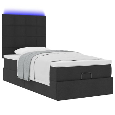 vidaXL Οθωμανικό κρεβάτι με στρώμα & LEDs Μαύρο ύφασμα 90x190cm