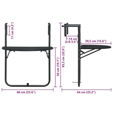 vidaXL Τραπέζι Μπαλκονιού Κρεμαστό Μαύρο 60x64x83,5cm Πλαστικό Ρατάν 1 τεμ.