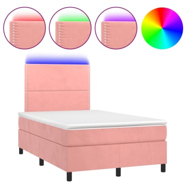 vidaXL Κρεβάτι Boxspring με Στρώμα & LED Ροζ 120x190 εκ. Βελούδινο