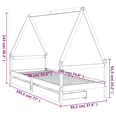 vidaXL Πλαίσιο Παιδικού Κρεβατιού Συρτάρια 90x190cm Μασίφ Ξύλο Πεύκου 1 τεμ. - Μονό