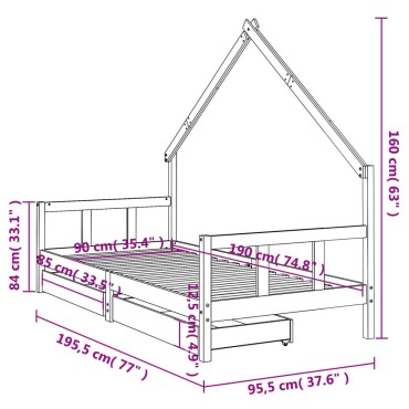 vidaXL Πλαίσιο Παιδικού Κρεβατιού Συρτάρια 90x190cm Μασίφ Ξύλο Πεύκου 1 τεμ. - Μονό
