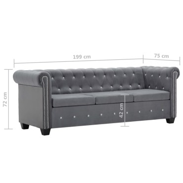 vidaXL Καναπές Τριθέσιος Chesterfield Γκρι 199x75x72cm Βελούδο 1 τεμ.