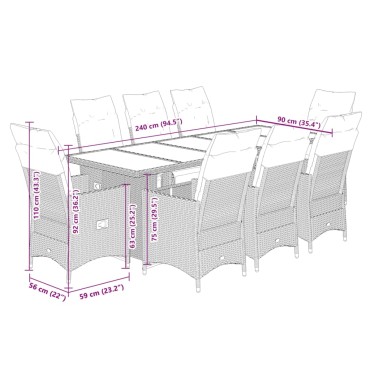 vidaXL Σετ Επίπλων Bistro Κήπου 9 τεμ. Γκρι Συνθετ. Ρατάν με Μαξιλάρια 49x50,5cm