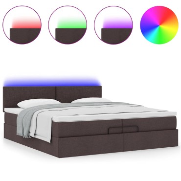 vidaXL Οθωμανικό κρεβάτι με στρώματα&LEDs Σκούρο καφέ 200x200cm ύφασμα - Διπλό