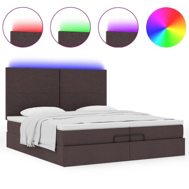 vidaXL Οθωμανικό κρεβάτι με στρώματα&LEDs Σκούρο καφέ 200x200cm ύφασμα - Διπλό