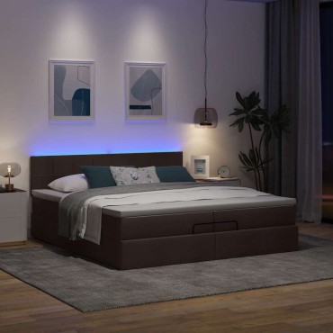 vidaXL Οθωμανικό κρεβάτι με στρώματα&LEDs Σκούρο καφέ 200x200cm ύφασμα - Διπλό