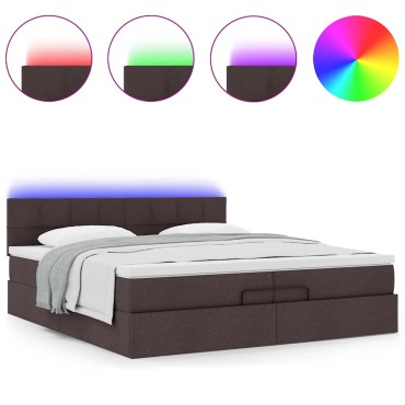 vidaXL Οθωμανικό κρεβάτι με στρώματα&LEDs Σκούρο καφέ 200x200cm ύφασμα - Διπλό