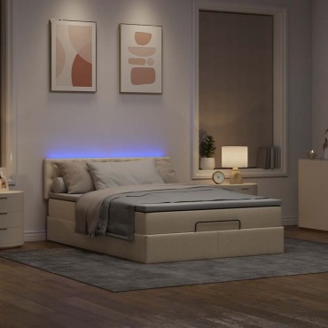 vidaXL Οθωμανικό κρεβάτι με στρώμα & LEDs Cream 140x190cm Ύφασμα - Μονό