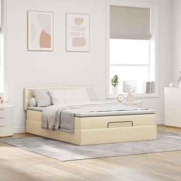 vidaXL Οθωμανικό κρεβάτι με στρώμα & LEDs Cream 140x190cm Ύφασμα - Μονό