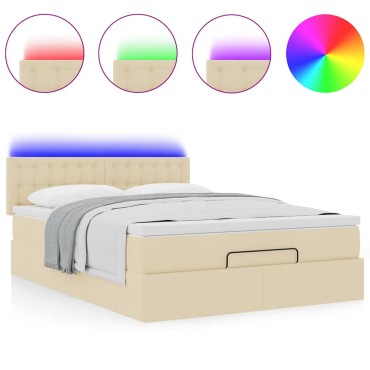 vidaXL Οθωμανικό κρεβάτι με στρώμα & LEDs Cream 140x190cm Ύφασμα - Μονό