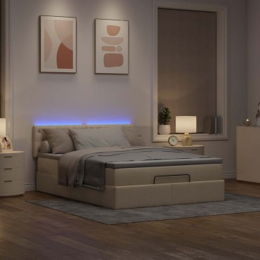 vidaXL Οθωμανικό κρεβάτι με στρώμα & LEDs Cream 140x190cm Ύφασμα - Μονό