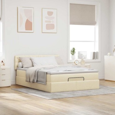 vidaXL Οθωμανικό κρεβάτι με στρώμα & LEDs Cream 140x190cm Ύφασμα - Μονό