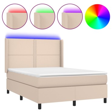 vidaXL Κρεβάτι Boxspring Στρώμα&LED Καπουτσίνο 140x190 εκ. Συνθ. Δέρμα