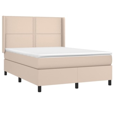 vidaXL Κρεβάτι Boxspring Στρώμα&LED Καπουτσίνο 140x190 εκ. Συνθ. Δέρμα
