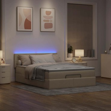 vidaXL Οθωμανικό κρεβάτι με στρώμα & LEDs Cream 140x190cm Ύφασμα - Μονό