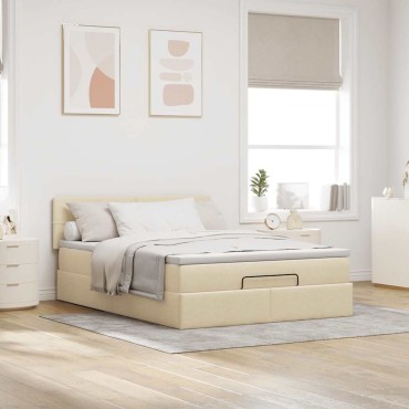 vidaXL Οθωμανικό κρεβάτι με στρώμα & LEDs Cream 140x190cm Ύφασμα - Μονό