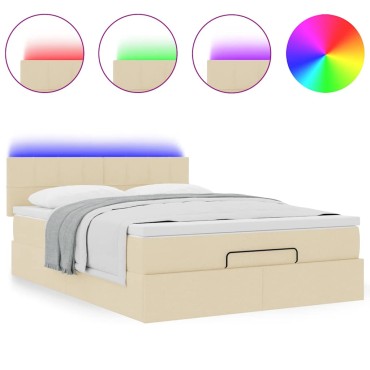 vidaXL Οθωμανικό κρεβάτι με στρώμα & LEDs Cream 140x190cm Ύφασμα - Μονό