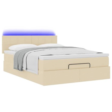 vidaXL Οθωμανικό κρεβάτι με στρώμα & LEDs Cream 140x190cm Ύφασμα - Μονό
