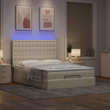 vidaXL Οθωμανικό κρεβάτι με στρώμα & LEDs Cream 140x190cm Ύφασμα - Μονό