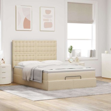 vidaXL Οθωμανικό κρεβάτι με στρώμα & LEDs Cream 140x190cm Ύφασμα - Μονό