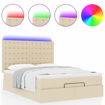 vidaXL Οθωμανικό κρεβάτι με στρώμα & LEDs Cream 140x190cm Ύφασμα - Μονό