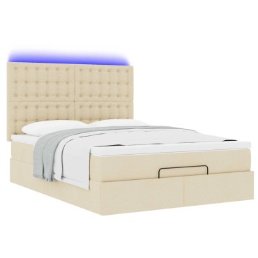 vidaXL Οθωμανικό κρεβάτι με στρώμα & LEDs Cream 140x190cm Ύφασμα - Μονό
