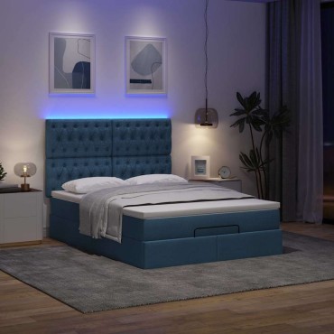 vidaXL Οθωμανικό κρεβάτι με στρώμα & LEDs Μπλε 140x190cm Ύφασμα - Μονό