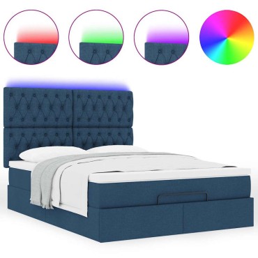 vidaXL Οθωμανικό κρεβάτι με στρώμα & LEDs Μπλε 140x190cm Ύφασμα - Μονό