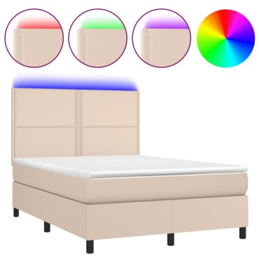 vidaXL Κρεβάτι Boxspring Στρώμα&LED Καπουτσίνο 140x190 εκ. Συνθ. Δέρμα
