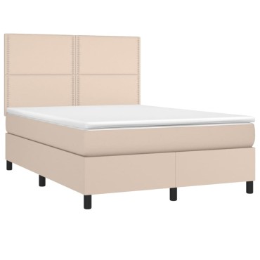 vidaXL Κρεβάτι Boxspring Στρώμα&LED Καπουτσίνο 140x190 εκ. Συνθ. Δέρμα