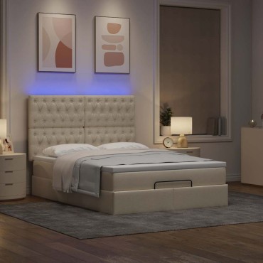 vidaXL Οθωμανικό κρεβάτι με στρώμα & LEDs Cream 140x190cm Ύφασμα - Μονό