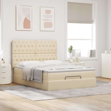 vidaXL Οθωμανικό κρεβάτι με στρώμα & LEDs Cream 140x190cm Ύφασμα - Μονό