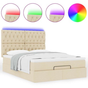 vidaXL Οθωμανικό κρεβάτι με στρώμα & LEDs Cream 140x190cm Ύφασμα - Μονό