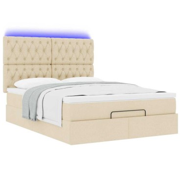 vidaXL Οθωμανικό κρεβάτι με στρώμα & LEDs Cream 140x190cm Ύφασμα - Μονό