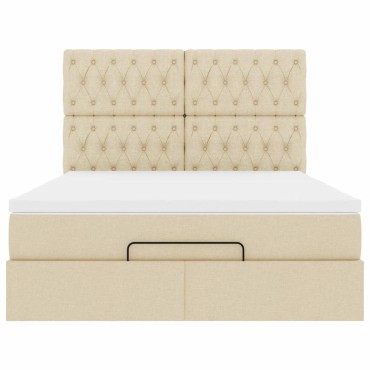 vidaXL Οθωμανικό κρεβάτι με στρώμα & LEDs Cream 140x190cm Ύφασμα - Μονό