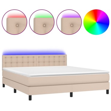 vidaXL Κρεβάτι Boxspring Στρώμα&LED Καπουτσίνο 180x200 εκ. Συνθ. Δέρμα