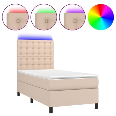 vidaXL Κρεβάτι Boxspring Στρώμα&LED Καπουτσίνο 90x200 εκ. Συνθ. Δέρμα