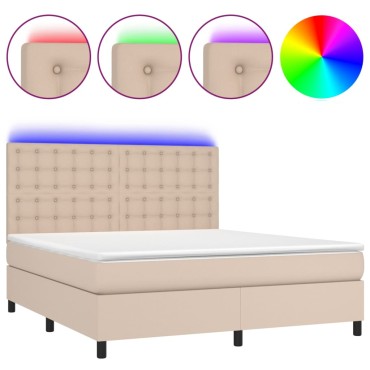 vidaXL Κρεβάτι Boxspring Στρώμα&LED Καπουτσίνο 180x200 εκ. Συνθ. Δέρμα